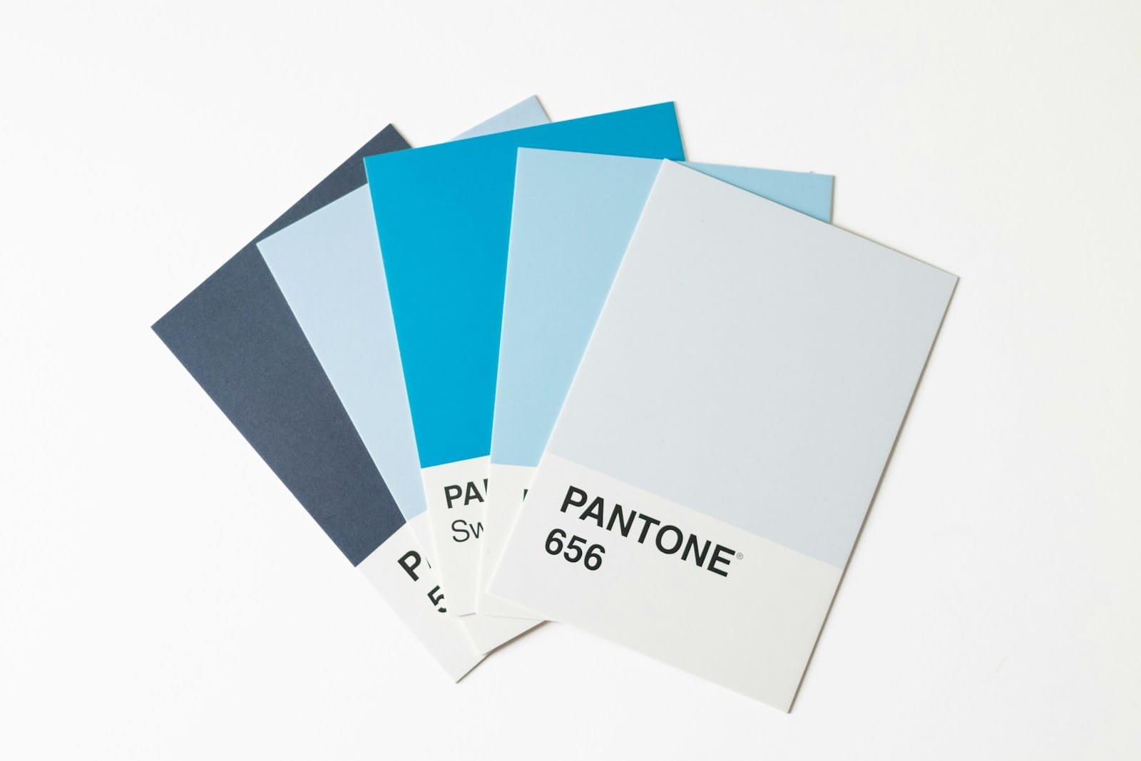 A fan of Pantone colour swatches on a white surface
