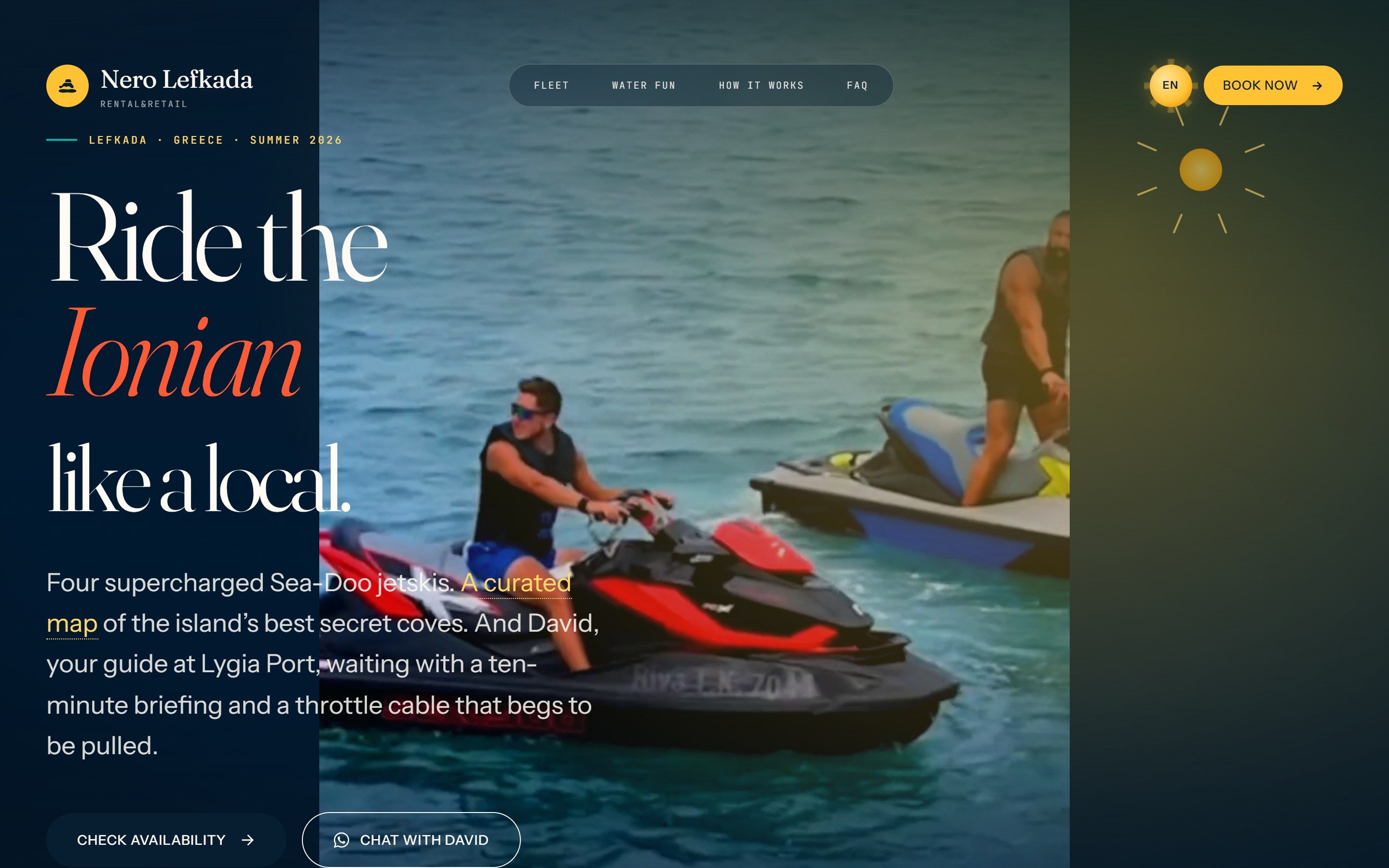 Nero Lefkada website homepage, jet skis on the Ionian Sea