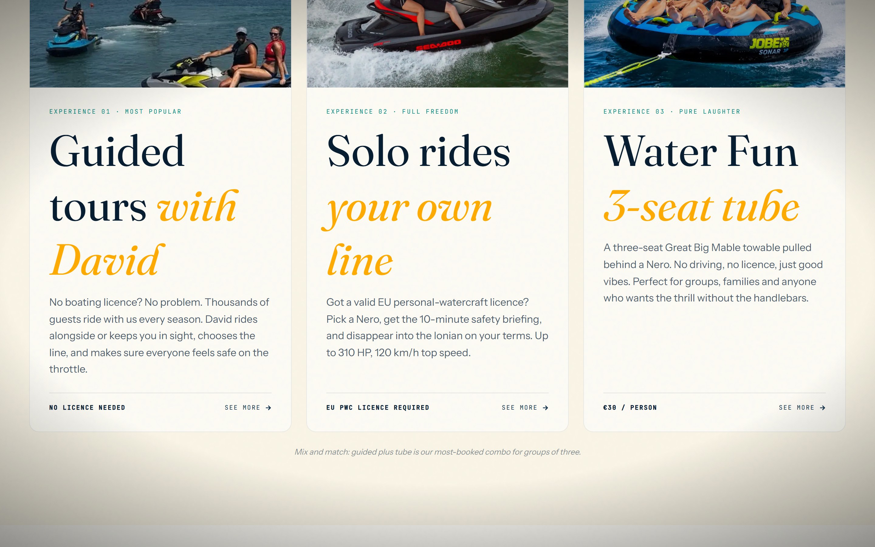 Nero Lefkada website, the three jet ski experiences