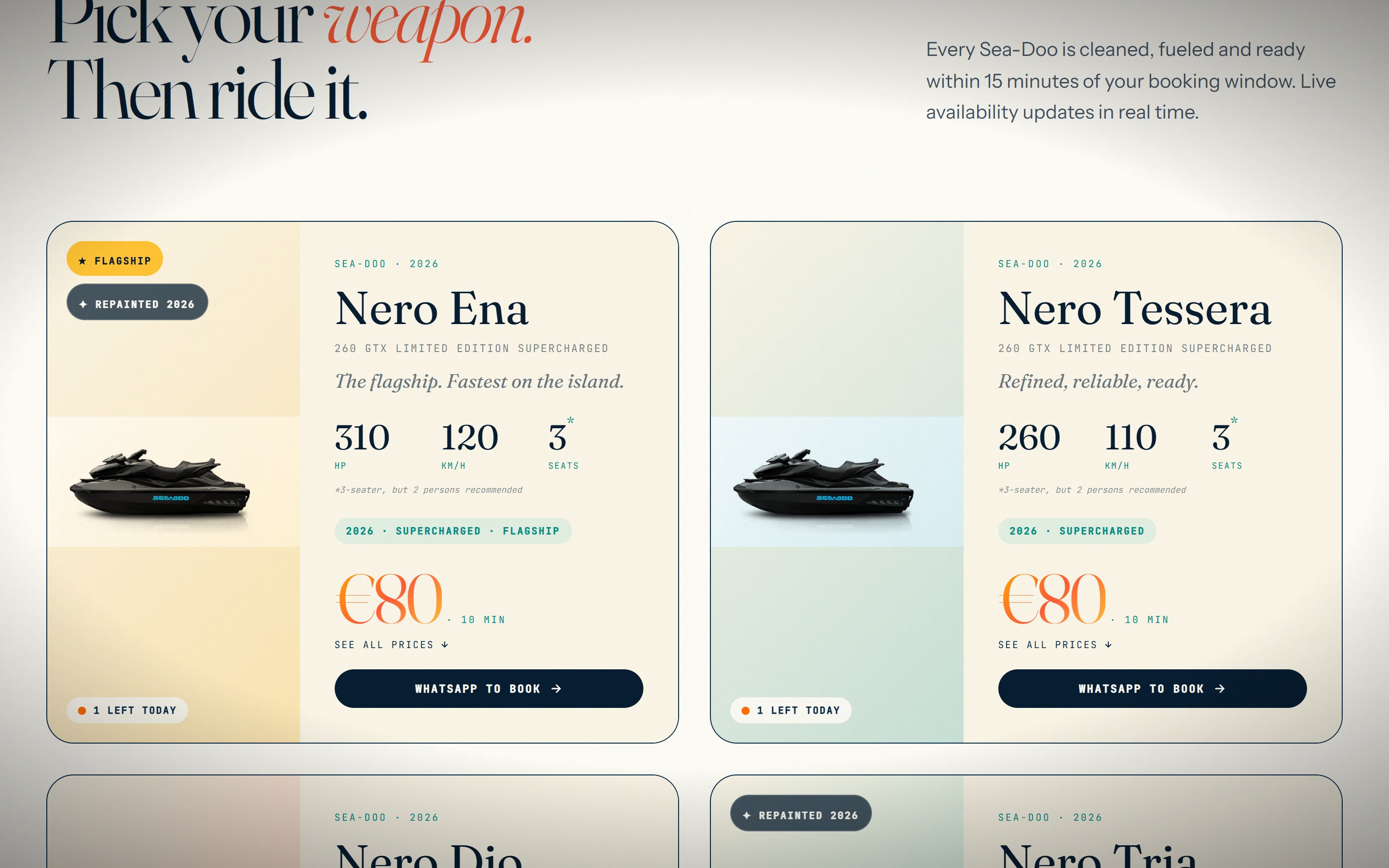 Nero Lefkada website, the Sea-Doo fleet with specs and booking
